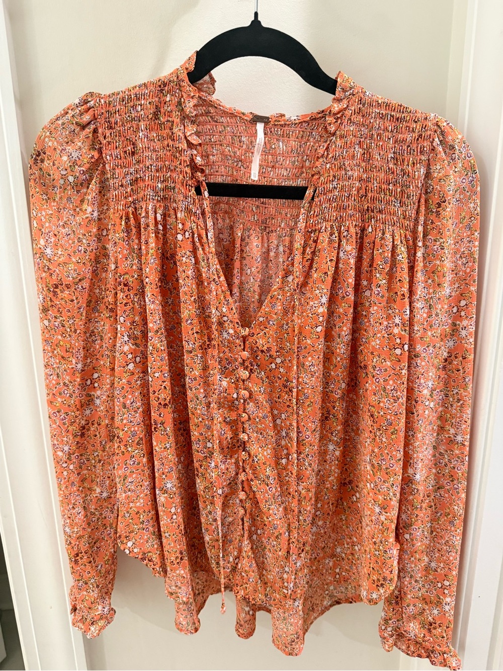 Free People Orange Floral Smocked Button-Front Blouse